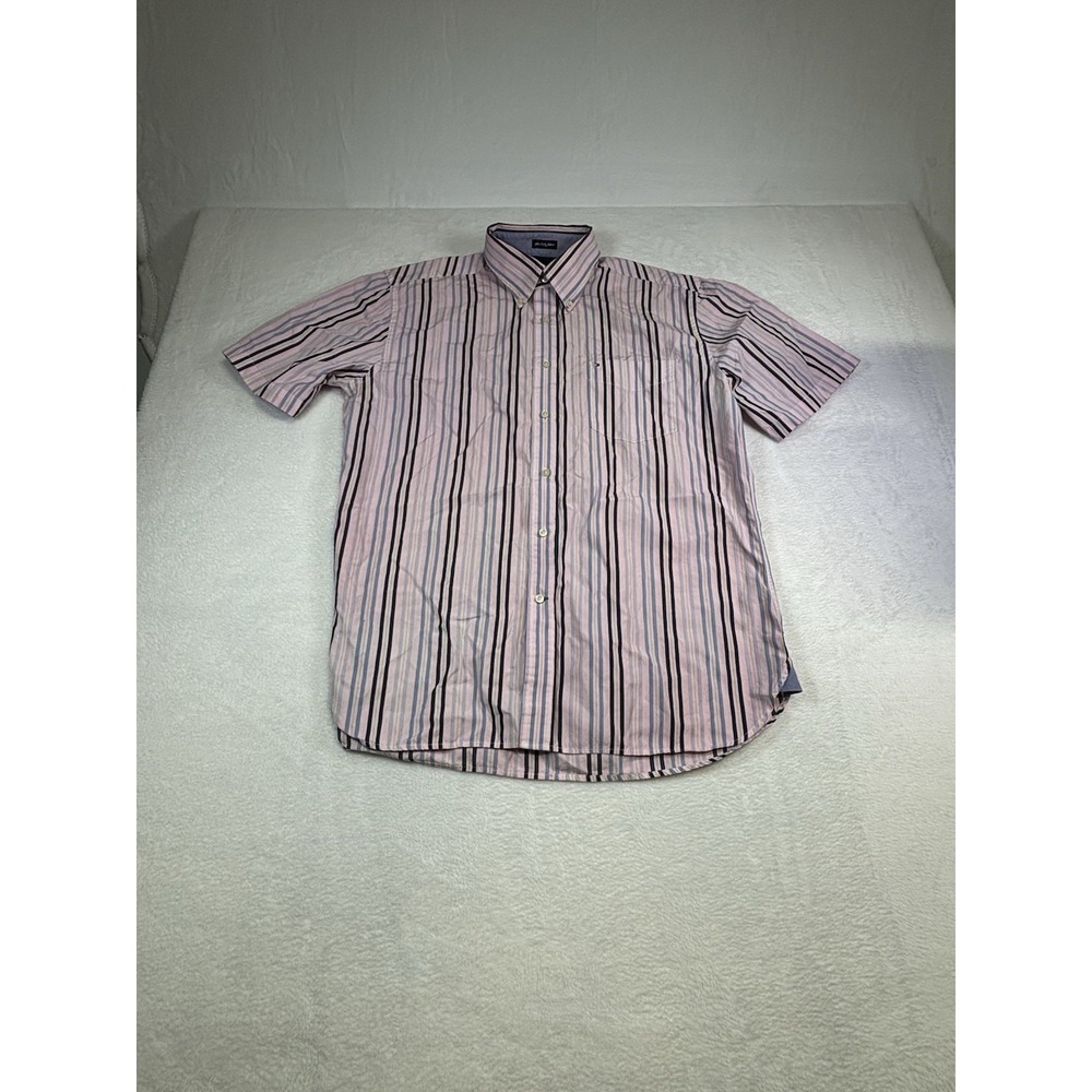 Tommy Hilfiger 80s 2 Ply Fabric Pink Striped Short Sleeve Button Down Mens Large
